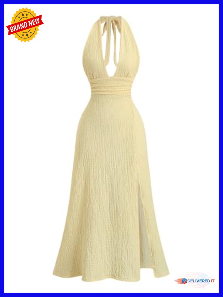 Sleeveless Halter Backless Maxi Dress With Split Thigh